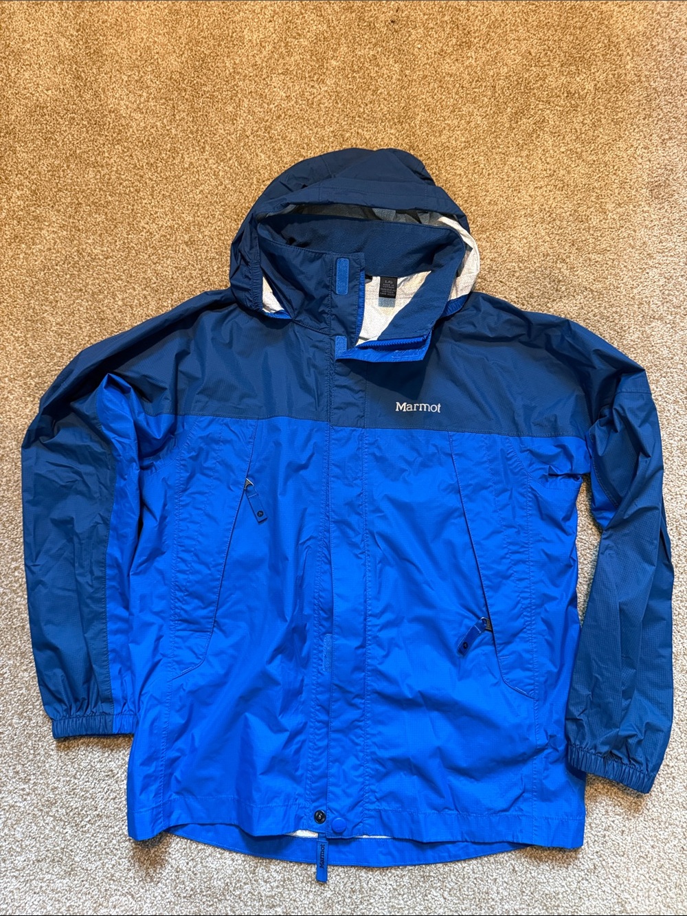 Marmot Men’s Blue Two-Tone Waterproof Hooded Jacket Youth Large